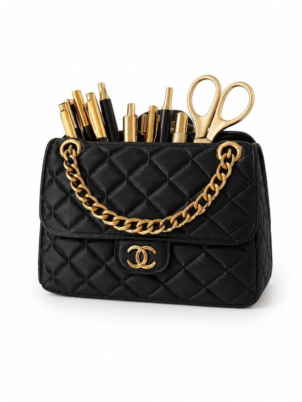 Purse Makeup Brush Holder Vanity Organizer Pen Cup Quilted Black Handbag Decor